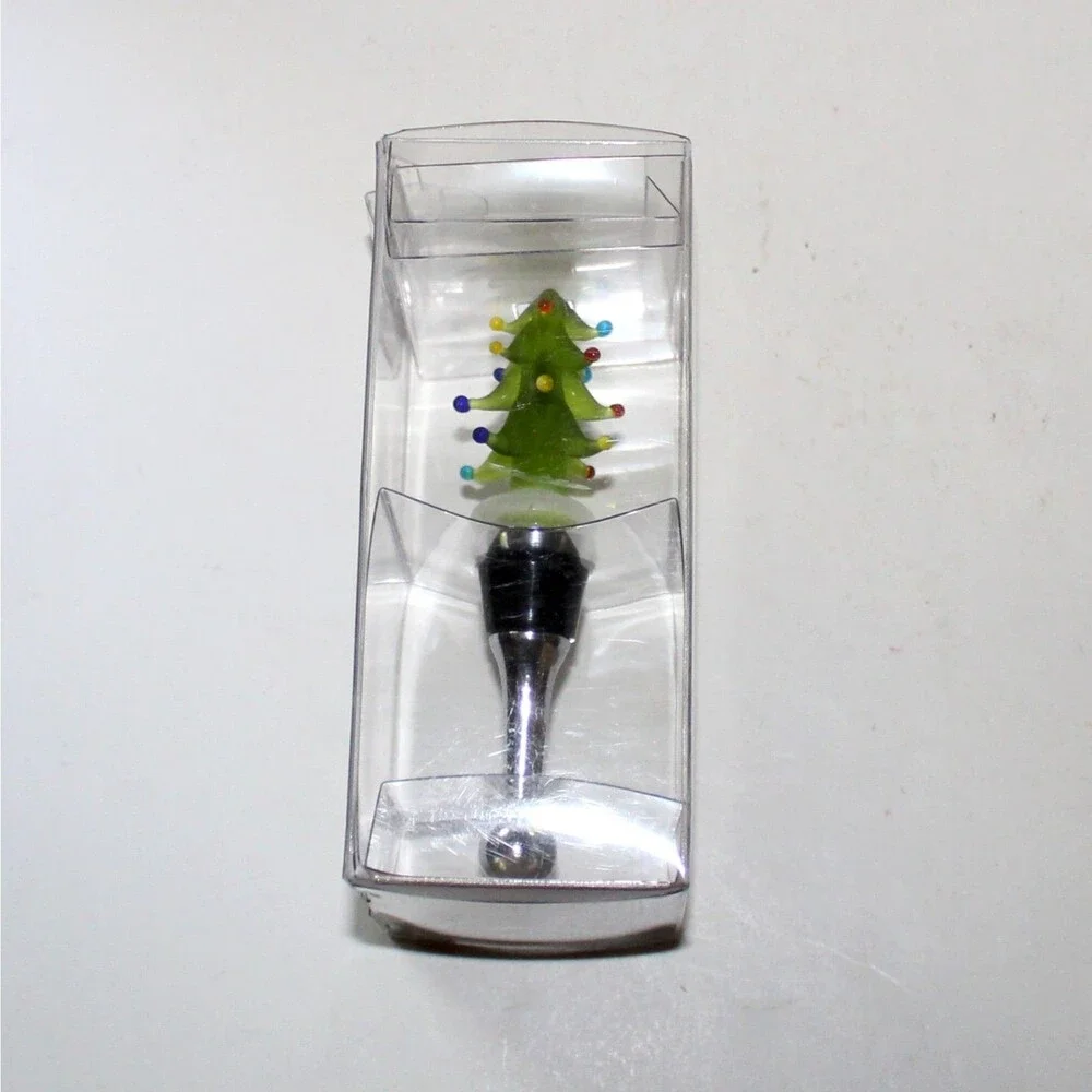 Pier 1 Imports Bottle Stopper Glass Christmas Tree stainless steel NEW NOS